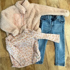 7 For All Mankind Floral Pink Top and Blue Jeans with Cozy Coat